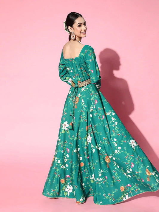 Green Floral Digital Print Gown with Belt - Inddus.com