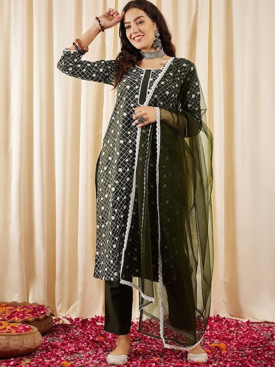 Green Floral Embroidered Kurta & Trousers With Dupatta - Inddus.com