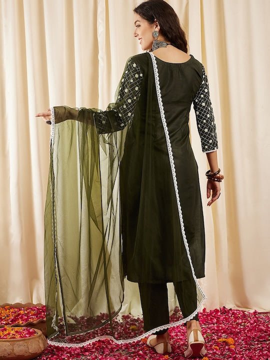 Green Floral Embroidered Kurta & Trousers With Dupatta - Inddus.com