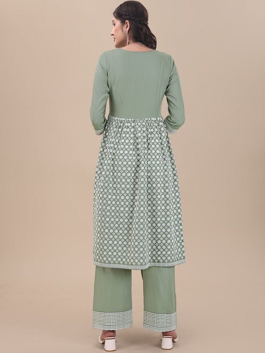 Green Floral Embroidered Pure Cotton A-Line Kurta with Palazzos - Inddus.com