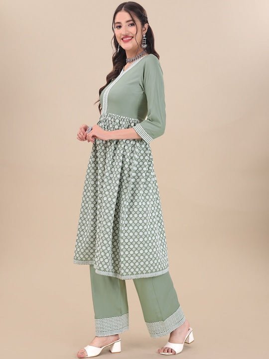 Green Floral Embroidered Pure Cotton A-Line Kurta with Palazzos - Inddus.com