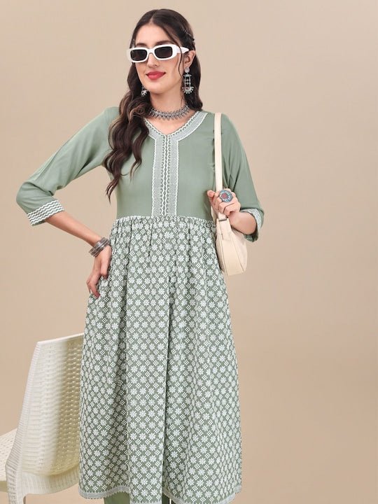 Green Floral Embroidered Pure Cotton A-Line Kurta with Palazzos - Inddus.com