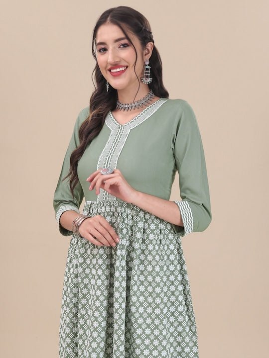 Green Floral Embroidered Pure Cotton A-Line Kurta with Palazzos - Inddus.com