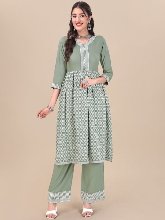 Green Floral Embroidered Pure Cotton A-Line Kurta with Palazzos - Inddus.com