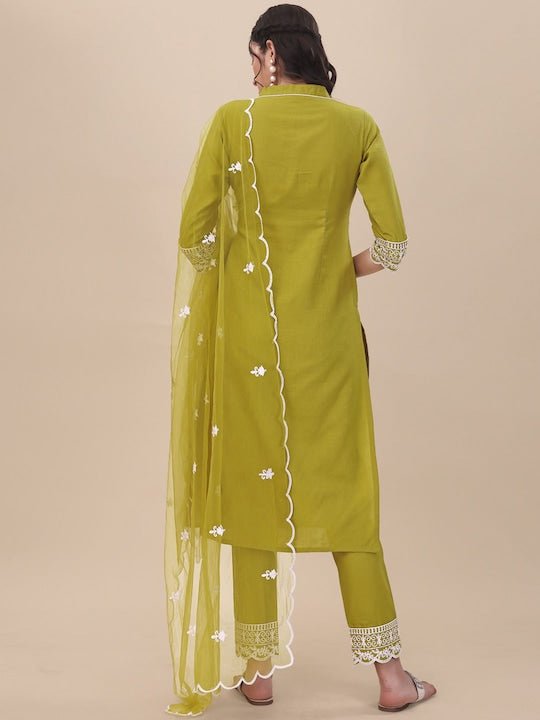 Green Floral Embroidered Thread Work Straight Kurta & Trousers With Dupatta - Inddus.com