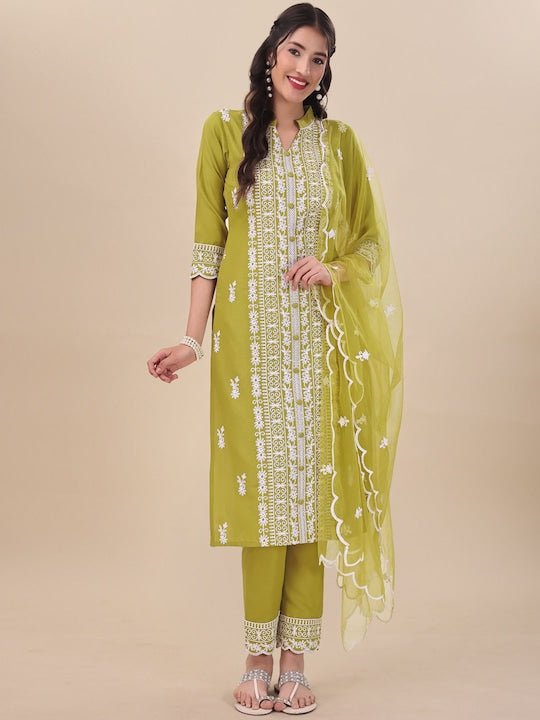 Green Floral Embroidered Thread Work Straight Kurta & Trousers With Dupatta - Inddus.com