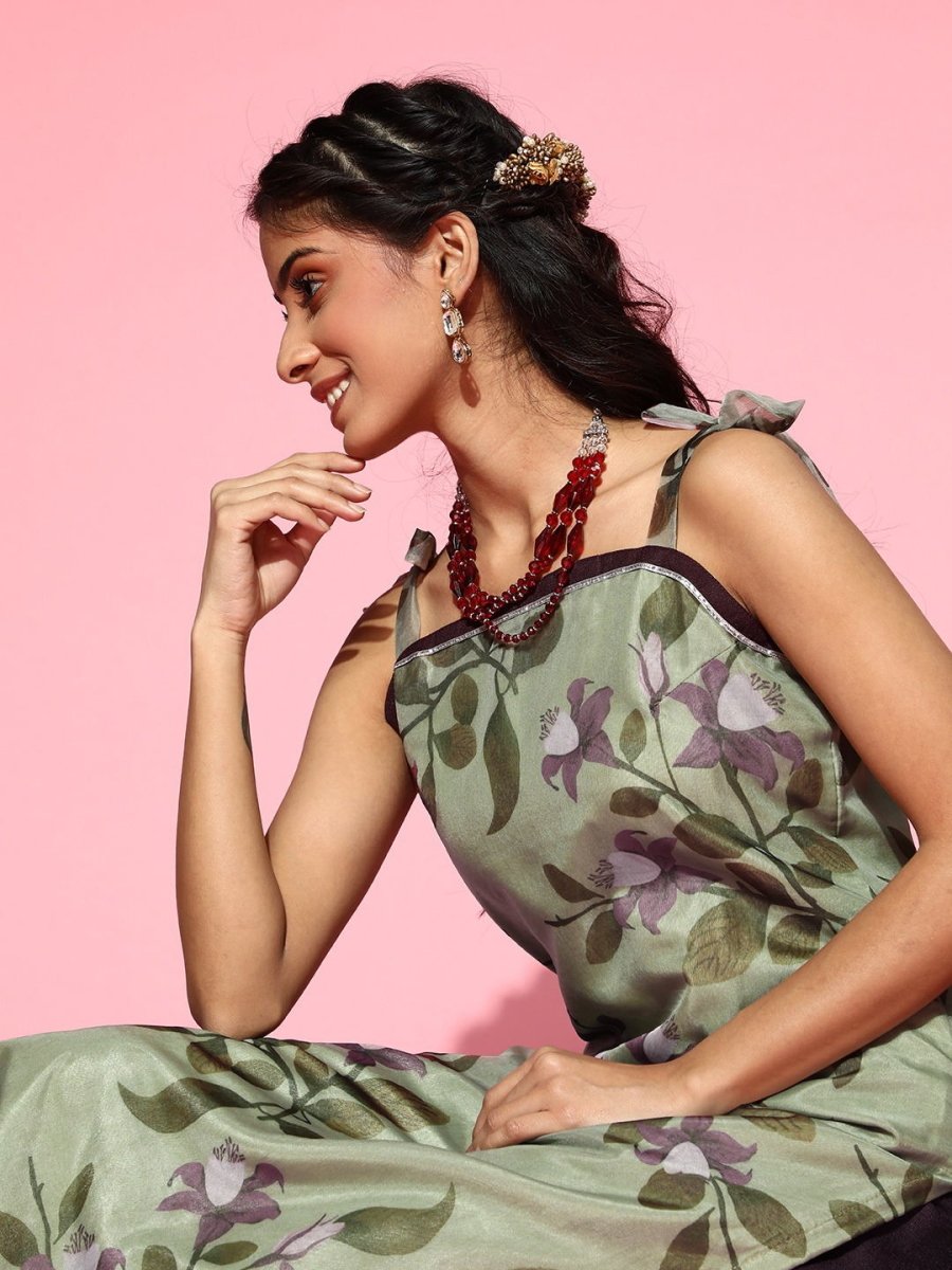 Green Floral Organza Kurta with Pants - Inddus.com