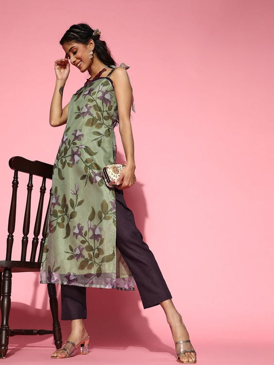 Green Floral Organza Kurta with Pants - Inddus.com