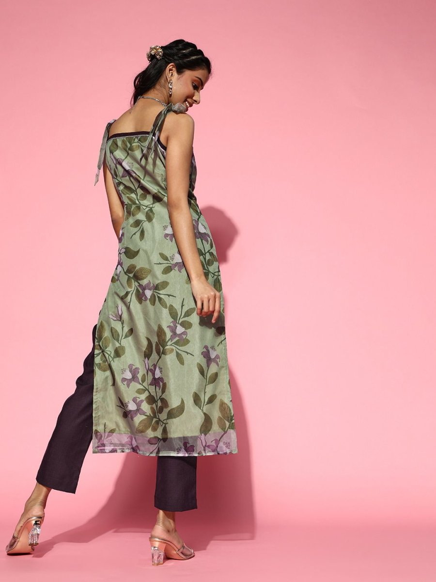 Green Floral Organza Kurta with Pants - Inddus.com