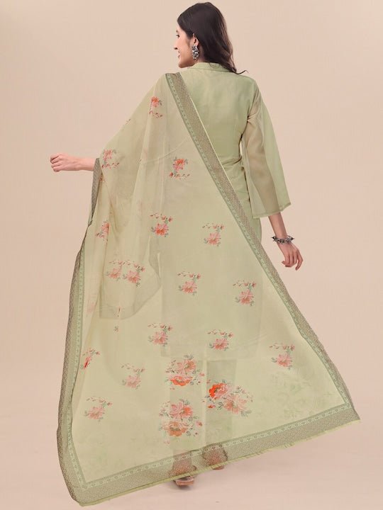 Green Floral Printed Sequin Detail Straight Kurta & Trousers With Dupatta - Inddus.com