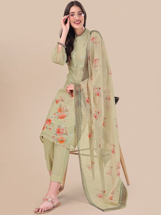 Green Floral Printed Sequin Detail Straight Kurta & Trousers With Dupatta - Inddus.com