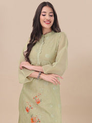 Green Floral Printed Sequin Detail Straight Kurta & Trousers With Dupatta - Inddus.com