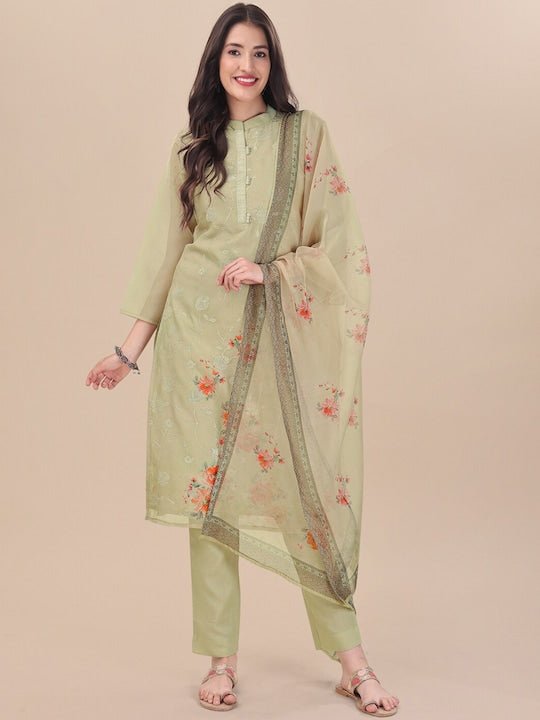 Green Floral Printed Sequin Detail Straight Kurta & Trousers With Dupatta - Inddus.com