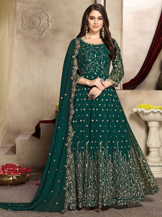 Green Georgette Partywear Anarkali Suit - Inddus.com