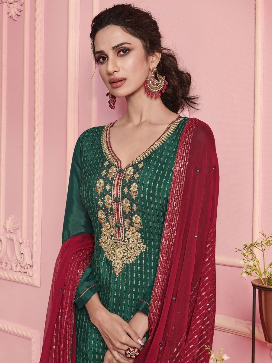 Green Georgette Partywear Embroidered Straight Cut Suit - inddus-us