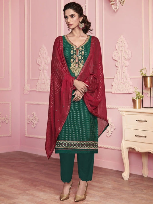 Green Georgette Partywear Embroidered Straight Cut Suit - inddus-us