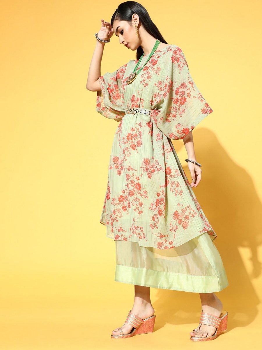 Green Georgette Partywear Floral Dresses - Inddus.com