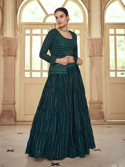 Green Georgette Partywear Lehenga Choli - Inddus.com