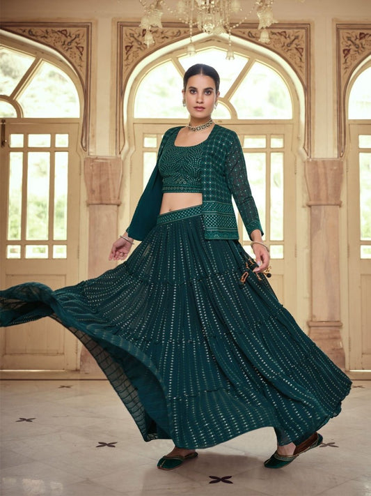 Green Georgette Partywear Lehenga Choli - Inddus.com