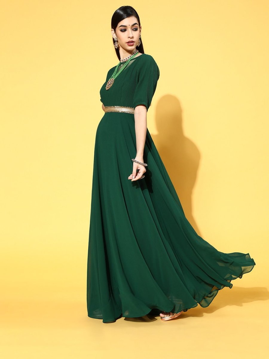 Green Georgette Partywear Self Design Dresses - Inddus.com