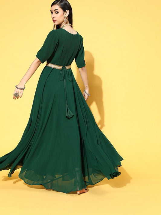 Green Georgette Partywear Self Design Dresses - Inddus.com