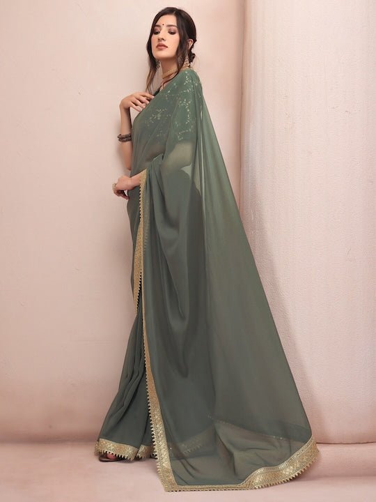 Green & Gold-Toned Embroidered Organza Saree