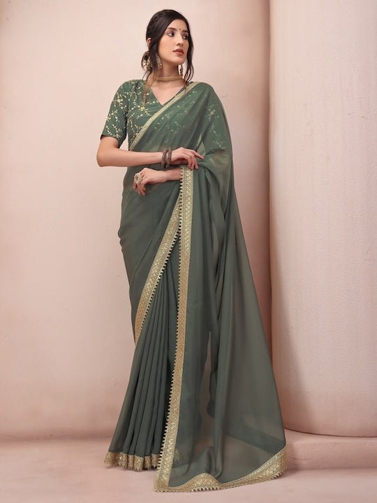 Green & Gold-Toned Embroidered Organza Saree