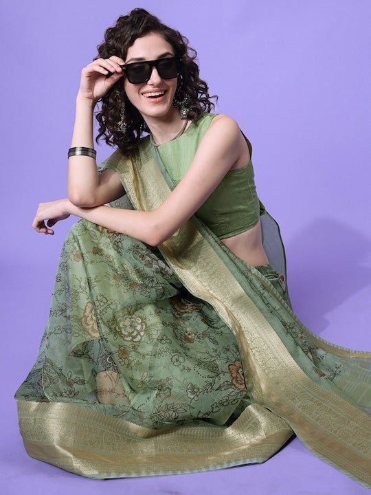 Green & Gold-Toned Floral Zari Organza Saree - Inddus.com