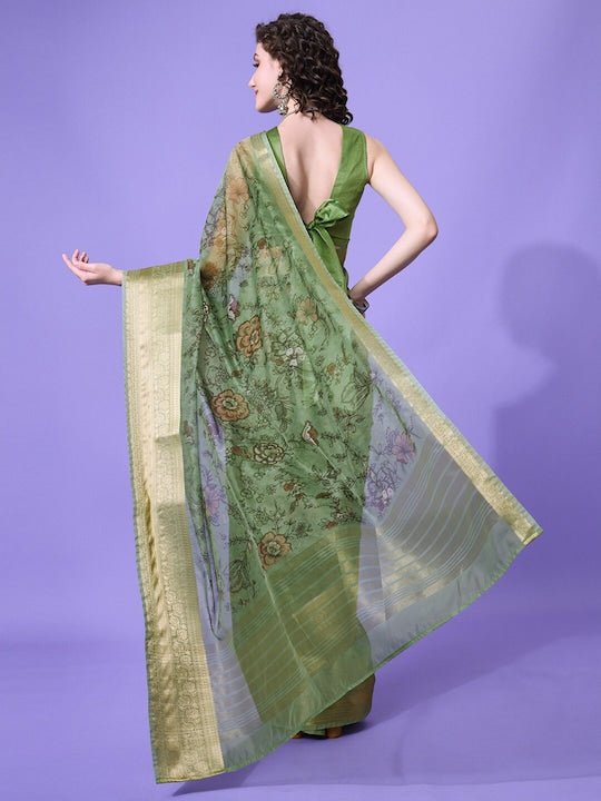 Green & Gold-Toned Floral Zari Organza Saree - Inddus.com