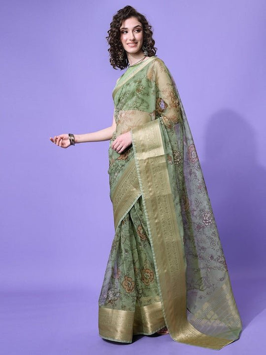 Green & Gold-Toned Floral Zari Organza Saree - Inddus.com