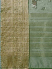 Green & Gold-Toned Floral Zari Organza Saree - Inddus.com