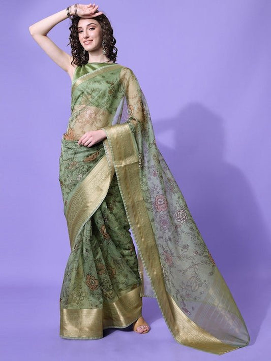 Green & Gold-Toned Floral Zari Organza Saree - Inddus.com