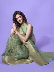 Green & Gold-Toned Floral Zari Organza Saree - Inddus.com