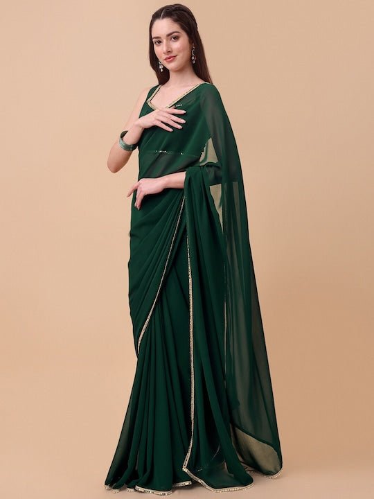 Green & Gold-Toned Mirror Work Saree - Inddus.com