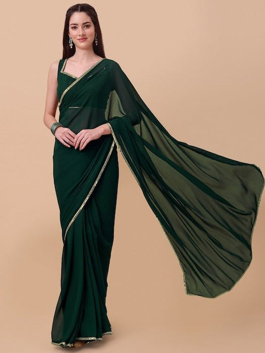 Green & Gold-Toned Mirror Work Saree - Inddus.com