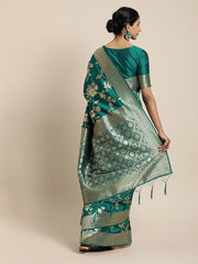 Green & Gold-Toned Silk Blend Woven Design Banarasi Saree