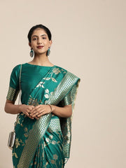 Green & Gold-Toned Silk Blend Woven Design Banarasi Saree