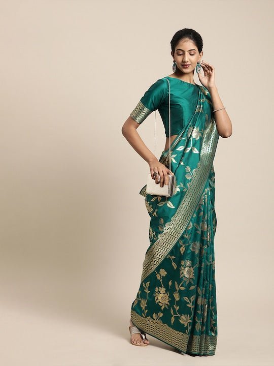 Green & Gold-Toned Silk Blend Woven Design Banarasi Saree