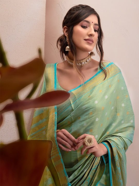 Green & Gold-Toned Woven Design Zari Silk Blend Saree - Inddus.com