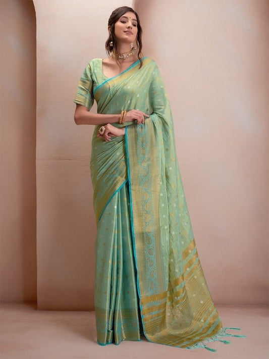 Green & Gold-Toned Woven Design Zari Silk Blend Saree - Inddus.com