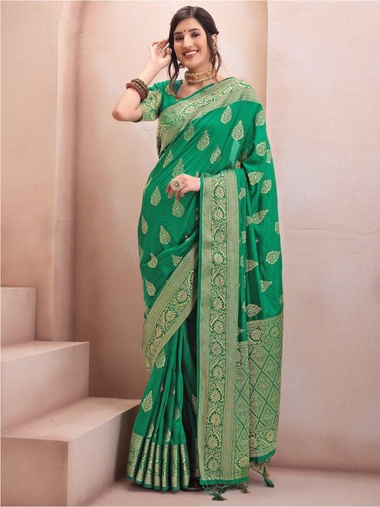 Green & Gold-Toned Woven Design Zari Silk Blend Saree - Inddus.com