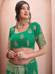 Green & Gold-Toned Woven Design Zari Silk Blend Saree - Inddus.com