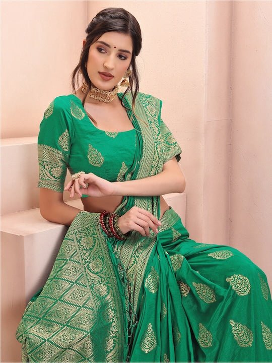 Green & Gold-Toned Woven Design Zari Silk Blend Saree - Inddus.com