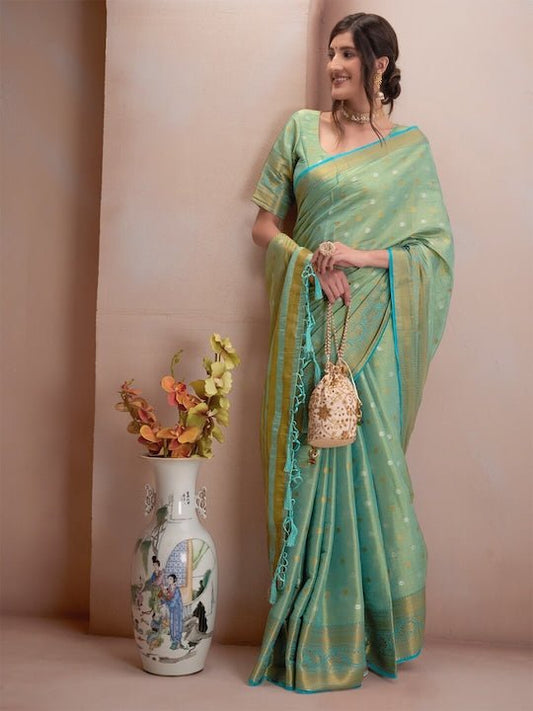 Green & Gold-Toned Woven Design Zari Silk Blend Saree - Inddus.com