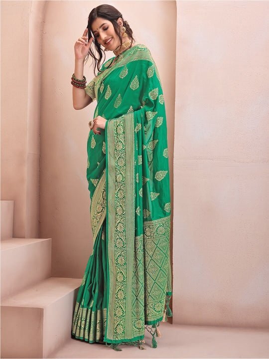 Green & Gold-Toned Woven Design Zari Silk Blend Saree - Inddus.com