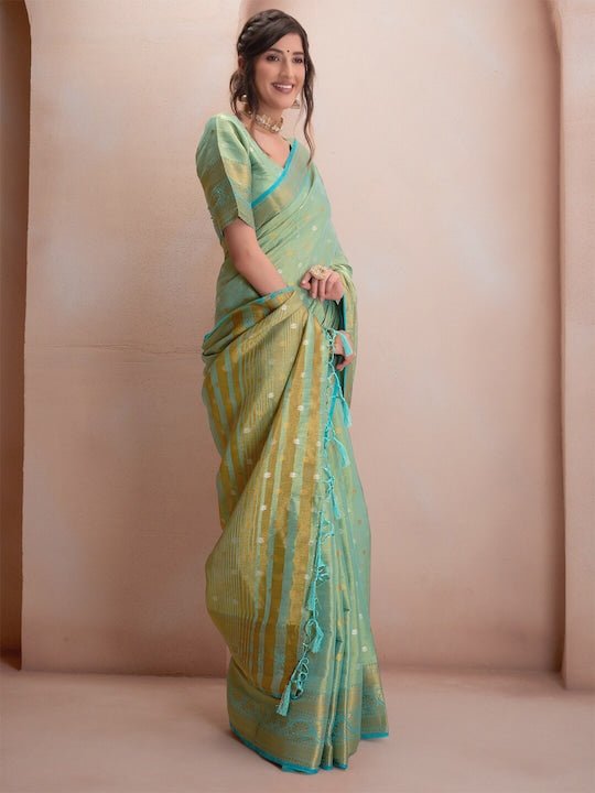 Green & Gold-Toned Woven Design Zari Silk Blend Saree - Inddus.com