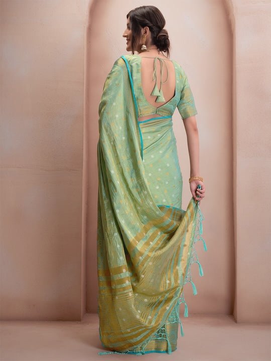 Green & Gold-Toned Woven Design Zari Silk Blend Saree - Inddus.com