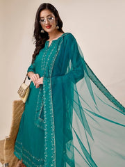 Green & Gold Toned Yoke Design Chanderi Cotton Kurta & Trousers With Dupatta - Inddus.com