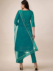 Green & Gold Toned Yoke Design Chanderi Cotton Kurta & Trousers With Dupatta - Inddus.com