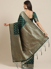 Green & Golden Ethnic Motifs Zari Woven Design Banarasi Saree